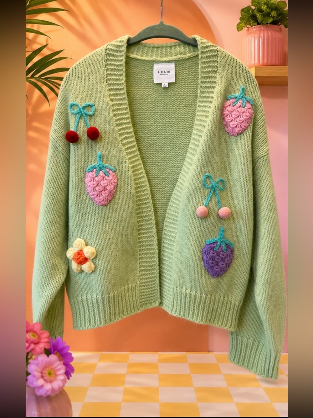 Le Lis Mint Green Knit Cardigan with Fruit Embellishments 🍓🍇🍒🍌